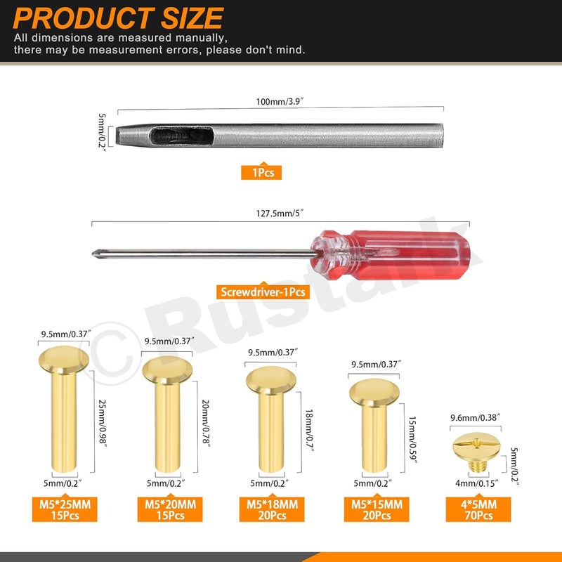 Rustark 142Pcs 4 Sizes Gold Chicago Screws Leather Rivets Assortment Kit with Setting Tools M5 Assorted Screws Rivets Metal Chicago Binding Screw for Leather Craft Belts Bags - Image 2